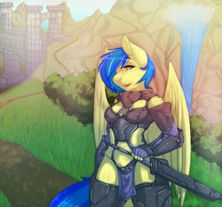 Size: 1280x1195 | Tagged: safe, artist:avante92, oc, oc only, oc:silvia windmane, pegasus, anthro, anthro oc, armor, bedroom eyes, breasts, bridge, female, loincloth, looking at you, open mouth, smiling, solo, sword, unconvincing armor, waterfall, weapon, wings