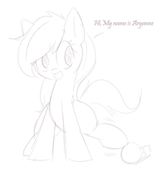 Size: 1613x1729 | Tagged: safe, artist:randy, oc, oc only, oc:aryanne, earth pony, pony, ball, black and white, bored, female, grayscale, happy, introduction, lineart, looking away, mare, monochrome, playing, sitting, sketch, smiling, solo