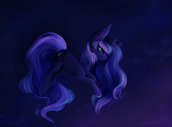 Size: 2564x1889 | Tagged: safe, artist:shedence, princess luna, g4, curved horn, ear fluff, female, horn, smiling, solo, space, wingless