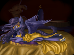 Size: 4000x3000 | Tagged: safe, artist:crazypon3, princess luna, alicorn, pony, g4, bed, clothes, dress, female, looking at you, pillow, prone, solo