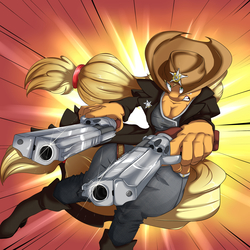 Size: 5000x5000 | Tagged: safe, artist:vicse, applejack, earth pony, anthro, plantigrade anthro, g4, absurd resolution, action pose, badass, cleavage, clothes, dual wield, female, gritted teeth, gun, picatinny rail, revolver, sheriff, sheriffjack, solo, weapon