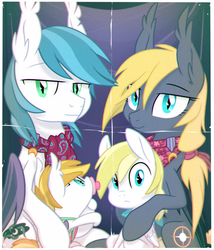 Size: 1200x1400 | Tagged: safe, artist:equestria-prevails, oc, oc only, oc:cloud skipper, oc:florence, bat pony, pegasus, pony, bat pony oc, clothes, colt, couple, family, female, filly, foal, looking at you, male, mare, neckerchief, pacifier, parent, photo, picture, ponytail, scarf, smiling, stallion, younger