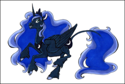 Size: 710x478 | Tagged: safe, artist:nattikay, princess luna, classical unicorn, g4, cloven hooves, female, floppy ears, grin, horn, leonine tail, solo, unshorn fetlocks