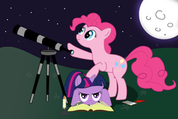 Size: 1800x1200 | Tagged: safe, artist:princeterra, pinkie pie, twilight sparkle, earth pony, pony, unicorn, g4, book, candle, moon, night, telescope, twilight sparkle is not amused, unamused, unicorn twilight