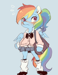 Size: 500x649 | Tagged: safe, artist:kyuko yogurt, rainbow dash, semi-anthro, g4, bow, clothes, female, miniskirt, pixiv, pleated skirt, satchel, school uniform, skirt, socks, solo, zettai ryouiki