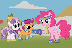 Size: 1800x1200 | Tagged: safe, artist:princeterra, pinkie pie, scootaloo, sweetie belle, earth pony, pegasus, pony, unicorn, g3, g3.5, g4, twinkle wish adventure, boots, box, clothes, earmuffs, female, filly, foal, g3.5 to g4, generation leap, hat, horn, mare, scarf, scene interpretation, scene parody, trio