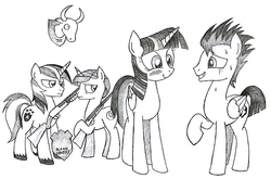 Size: 1024x675 | Tagged: safe, artist:hyolark, flash sentry, night light, shining armor, twilight sparkle, alicorn, bull, pegasus, pony, unicorn, g4, :t, blushing, brother and sister, brothers gonna brother, cute, dead, decapitated, eye contact, father and child, father and daughter, fathers gonna father, female, frightened, frown, glare, grayscale, grin, gun, hoof hold, hunting trophy, lidded eyes, lineart, looking at each other, male, mare, monochrome, mounted head, nervous, overprotective, overprotective armor, raised hoof, scared, severed head, ship:flashlight, shipping, shotgun, siblings, simple background, smiling, stallion, straight, sweat, taxidermy, traditional art, twiabetes, twilight sparkle (alicorn), wat, weapon, white background