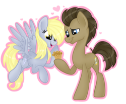 Size: 3000x2500 | Tagged: safe, artist:frostykat13, derpy hooves, doctor whooves, time turner, pegasus, pony, g4, female, flying, heart, high res, male, mare, muffin, ship:doctorderpy, shipping, simple background, straight, transparent background