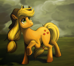 Size: 1000x900 | Tagged: safe, artist:lachtaube, applejack, g4, female, looking back, looking up, raised hoof, solo, worried