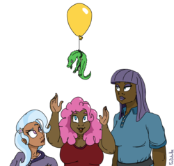 Size: 917x872 | Tagged: safe, artist:foudubulbe, gummy, maud pie, pinkie pie, trixie, human, g4, balloon, dark skin, floating, humanized