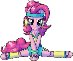 Size: 485x407 | Tagged: safe, artist:skorpionletun, pinkie pie, earth pony, semi-anthro, g4, chest fluff, clothes, female, fitness, fluffy, headband, leg warmers, simple background, sitting, smiling, solo, splits, transparent background, unshorn fetlocks, workout outfit, wristband, yoga