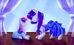 Size: 1980x1200 | Tagged: safe, artist:lyananyan, rarity, sweetie belle, g4, clothes, dress, eyes closed, prone, sisters, smiling