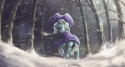 Size: 5000x2681 | Tagged: safe, artist:mrs1989, trixie, pony, unicorn, g4, cape, chromatic aberration, clothes, female, forest, hat, looking back, mare, raised hoof, rear view, snow, snowfall, solo, trixie's cape, trixie's hat, underhoof, wind, winter