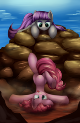 Size: 1650x2550 | Tagged: safe, artist:grennadder, maud pie, pinkie pie, g4, belly, derp, duo, female, mare, on back, prone, round belly, tongue out, underhoof, upside down