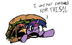 Size: 1024x635 | Tagged: safe, artist:standardjim, twilight sparkle, pony, g4, burger, female, food, lunch, meat, preylight, pun, revenge, solo, twilight burgkle, vore, wat