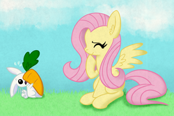 Size: 1200x800 | Tagged: safe, artist:pazumii, angel bunny, fluttershy, g4, carrot, female, solo