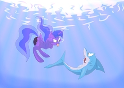 Size: 2480x1754 | Tagged: safe, artist:s4vin, princess luna, shark, g4, bubble, teasing, tongue out, underwater