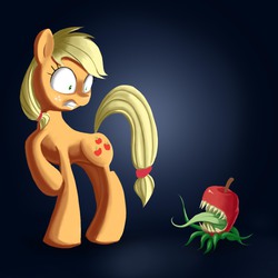 Size: 2000x2000 | Tagged: safe, artist:s4vin, applejack, g4, apple, female, hatless, high res, missing accessory, monster, raised hoof, scared, scary, solo