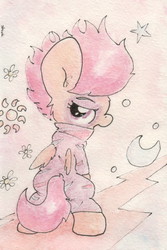 Size: 679x1016 | Tagged: safe, artist:slightlyshade, scootaloo, pegasus, pony, g4, bipedal, clothes, costume, female, filly, looking back, show stopper outfits, solo, traditional art