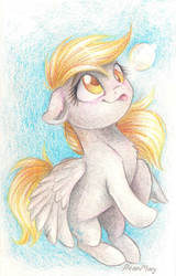 Size: 500x783 | Tagged: safe, artist:dearmary, derpy hooves, pegasus, pony, g4, bubble, female, floppy ears, sky, solo, tongue out, traditional art