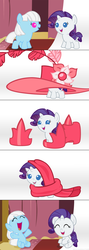 Size: 1120x3150 | Tagged: safe, artist:beavernator, photo finish, rarity, earth pony, pony, unicorn, g4, ^^, babity, baby, baby pony, beavernator is trying to murder us, clothes, comic, cute, eyes closed, giant hat, happy, hat, laughing, open mouth, photaww finish, photo album, raribetes, scarf, shoes, weapons-grade cute