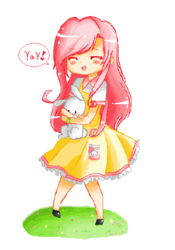 Size: 424x605 | Tagged: safe, artist:xbunny-bunnyx, fluttershy, human, rabbit, g4, chibi, clothes, dress, female, humanized, shoes, solo