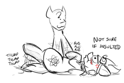 Size: 800x536 | Tagged: safe, artist:captainhoers, oc, oc only, oc:anon, oc:atom smasher, fallout equestria, fallout equestria: duck and cover, /foe/, anonpony, bellyrubs, chubby, goggles, monochrome
