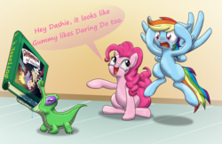 Size: 5100x3300 | Tagged: safe, artist:evil-dec0y, daring do, gummy, pinkie pie, rainbow dash, g4, book, drool, speech bubble