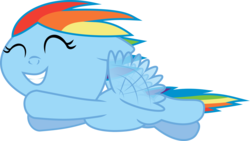Size: 3969x2246 | Tagged: safe, artist:iscord, rainbow dash, pegasus, pony, g4, baby, baby dash, baby pony, female, filly, flying, foal, high res, smiling, solo, younger