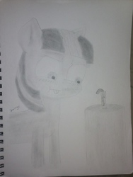 Size: 1944x2592 | Tagged: safe, artist:voltairejordans, twilight sparkle, pony, unicorn, g4, :t, annoyed, blushing, female, glare, implying, monochrome, pez dispenser, puffy cheeks, silly, solo, tongue out, traditional art, unamused