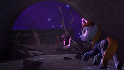 Size: 1920x1080 | Tagged: safe, artist:maetrome, oc, oc only, oc:littlepip, pony, unicorn, fallout equestria, 3d, butt, clothes, cloud, cloudy, cutie mark, dead tree, fanfic, fanfic art, female, glowing horn, gun, handgun, hooves, horn, jumpsuit, levitation, magic, mare, night, open mouth, pipbuck, pistol, plot, solo, source filmmaker, telekinesis, tree, vault suit, wasteland, weapon