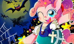 Size: 512x308 | Tagged: safe, artist:miki 14, pinkie pie, bat, earth pony, pony, g4, candy, clothes, food, spider web