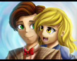 Size: 1024x818 | Tagged: safe, artist:aschenstern, derpy hooves, doctor whooves, time turner, human, g4, :d, eleventh doctor, female, humanized, looking back, male, open mouth, ship:doctorderpy, shipping, smiling, straight