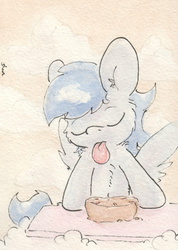 Size: 679x952 | Tagged: safe, artist:slightlyshade, soarin', pegasus, pony, g4, apple pie, chest fluff, cloud, cloudy, cute, eyes closed, male, pie, soarinbetes, solo, that pony sure does love pies, tongue out, traditional art