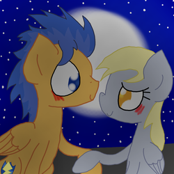 Size: 999x999 | Tagged: safe, artist:mmdfantage, derpy hooves, flash sentry, pegasus, pony, g4, blushing, crack shipping, derpsentry, female, hoof hold, male, mare, moon, night, shipping, stars, straight