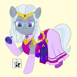Size: 1600x1600 | Tagged: safe, artist:wodahseht, silver spoon, g4, alternate hairstyle, boots, clothes, cosplay, costume, crossover, cute, dress, female, filly, glasses, gloves, looking at you, makeup, musical instrument, nintendo, ocarina, princess zelda, saddle, smiling, solo, the legend of zelda, the legend of zelda: ocarina of time, tiara, triforce