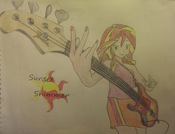 Size: 1600x1225 | Tagged: safe, artist:cyrix-s, sunset shimmer, equestria girls, g4, bass guitar, female, musical instrument, solo