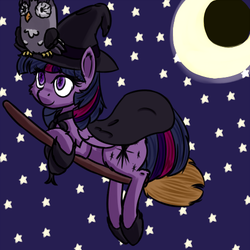 Size: 500x500 | Tagged: safe, owlowiscious, twilight sparkle, alicorn, pony, g4, broom, cape, clothes, crescent moon, female, flying, flying broomstick, hat, mare, moon, night, night sky, smiling, stars, twilight sparkle (alicorn), witch, witch hat