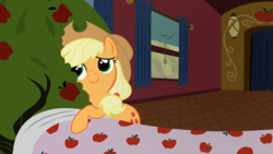 Size: 6521x3667 | Tagged: safe, artist:dinoboted, applejack, bloomberg, earth pony, pony, g4, my little pony: friendship is magic, over a barrel, apple, apple tree, bed, blanket, female, food, hug, mare, train, tree, vector