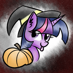 Size: 890x890 | Tagged: safe, artist:uunicornicc, twilight sparkle, g4, female, pumpkin, solo, tongue out, witch hat