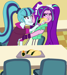 Size: 1578x1770 | Tagged: safe, artist:oneovertwo, aria blaze, sonata dusk, equestria girls, g4, my little pony equestria girls: rainbow rocks, annoyed, aria blaze is not amused, cafeteria, chair, female, food, siblings, sisters, sonataco, squishy cheeks, table, taco, taco tuesday, that girl sure loves tacos, that siren sure does love tacos, tray, unamused