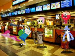 Size: 960x720 | Tagged: safe, artist:dontae98, fluttershy, pinkie pie, g4, benson, crossover, fast food, finn the human, irl, mordecai, mordecai and rigby, photo, ponies in real life, rigby (regular show), sword