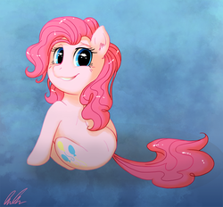 Size: 861x799 | Tagged: safe, artist:c-puff, pinkie pie, g4, ear fluff, female, looking back, simple background, sitting, smiling, solo