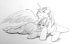 Size: 1024x632 | Tagged: safe, artist:kianamai, oc, oc only, oc:red june, oc:valiant heart, alicorn, pony, kilalaverse, alicorn oc, cuddling, cute, female, kianamai is trying to murder us, lying down, male, next generation, oc x oc, offspring, offspring shipping, parent:big macintosh, parent:cheerilee, parent:princess cadance, parent:shining armor, parents:cheerimac, parents:shiningcadance, pencil drawing, pregnant, shipping, snuggling, straight, traditional art, unshorn fetlocks