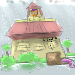 Size: 1024x1024 | Tagged: safe, artist:imsokyo, fluttershy, scootaloo, g4, box, cardboard box, kfc, scootachicken