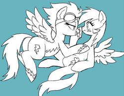 Size: 906x700 | Tagged: dead source, safe, artist:semi-kon, rainbow dash, spitfire, pegasus, pony, g4, blushing, clothes, female, lesbian, monochrome, ship:spitdash, shipping, simple background, smiling, spread wings, uniform, wings, wonderbolts, wonderbolts uniform