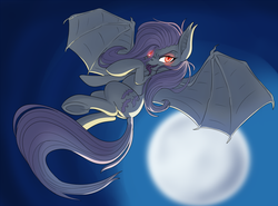 Size: 1250x923 | Tagged: safe, artist:pusspuss, fluttershy, g4, backlighting, female, flutterbat, flying, glowing eyes, moon, solo, tongue out, underhoof