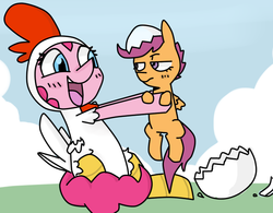 Size: 642x500 | Tagged: safe, artist:meowing-ghost, pinkie pie, scootaloo, pegasus, pony, g4, animal costume, chicken pie, chicken suit, clothes, costume, duo, duo female, egg, female, grumpy, hatching, hatchling, scootachicken, scootaloo is not amused