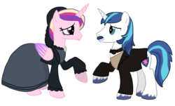 Size: 1425x861 | Tagged: safe, artist:qemma, princess cadance, shining armor, g4, bowtie, clothes, dress, moustache, victorian