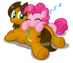 Size: 1024x892 | Tagged: safe, artist:aleximusprime, pinkie pie, oc, oc:alex the chubby pony, g4, butt, butt pillow, canon x oc, cute, daaaaaaaaaaaw, diabetes, eyes closed, flank, leaning, looking back, pillow, plot, ponysona, prone, simple background, sleeping, smiling, sploot, transparent background, zzz